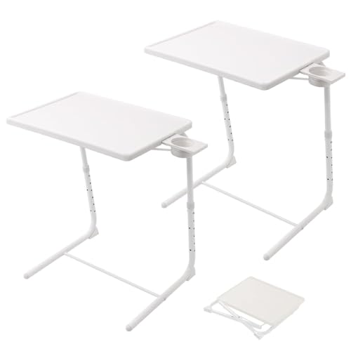 Japard Faltbarer TV-Tablett, kleiner Nachttisch, Sofa, Esstisch mit Getränkehalter, TV-Tabletts, 2er-Set, verstellbare 6 Höhen und 3 Neigungswinkel (Weiß, 2 Stück) von Japard