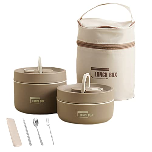 Portable Insulated Lunch Container Set, Thermal Lunch Box Bento Box Set with Lunch Bag, 304 Food Grade Stainless Steel Bento Lunch Box for Adults Kids (C-Brown,Set of 2 with Insulation Bag) von Japelessor