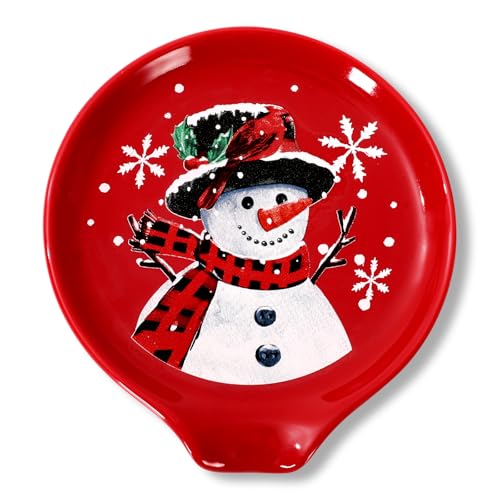 JarThenaAMCS 11,9 cm große Löffelablage für Weihnachten, Winter, roter Schneemann, Schneeflocke, kleiner Kaffeelöffelhalter für Weihnachten, Winter, Bar, Kaffeestation, Zubehör von JarThenaAMCS
