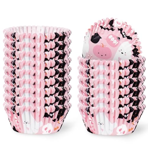 JarThenaAMCS 300 Stück Halloween Cupcake Liner Pink Boo Ghost Backförmchen Papier Muffin Cupcake Wrapper für Süßes oder Saures Partyzubehör von JarThenaAMCS