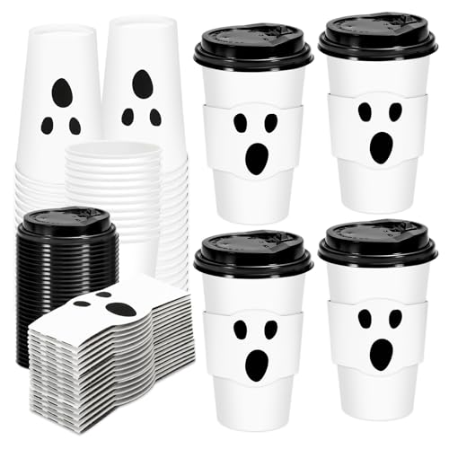 JarThenaAMCS 50 Sets Halloween-Kaffeetassen mit Deckel und Hüllen, 473 ml, schwarz-weiß, niedlicher Geister-Pappbecher, Einweg-Kaffeetasse für Cafés, Geschäfte, Cappuccino, Schokolade, Getränke JarThenaAMCS 50 Sets Halloween-Kaffeetassen mit Deckel und Hüllen, 473 ml, schwarz-weiß, niedlicher Geister-Pappbecher, Einweg-Kaffeetasse für Cafés, Geschäfte, Cappuccino, Schokolade, Getränke von JarThenaAMCS