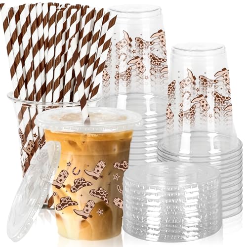 JarThenaAMCS 50 Stück Cowboy-Plastikbecher mit Deckel und Strohhalmen, braun, Western-Cowboy, transparente Kunststoffbecher, 340 ml, Einwegbecher für Boho-Partyzubehör von JarThenaAMCS