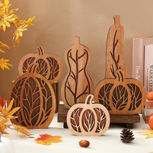 JarThenaAMCS 6 Stück Herbst-Kürbis-Holz-Tischschild, Naturholz, hohlgeschnitzt, Kürbis, rustikale Herbst-Tischaufsätze für Bauernhaus, Erntedankfest, Zuhause, Schule, Büro von JarThenaAMCS