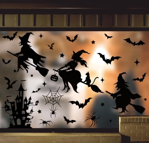 JarThenaAMCS Extra große Halloween-Fensteraufkleber, schwarz, Hexenschloss, Fledermaus, Fensteraufkleber, doppelseitig, Glasaufkleber für Zuhause, Klassenzimmer, Büro, Party-Dekoration, 4 Bögen JarThenaAMCS Extra große Halloween-Fensteraufkleber, schwarz, Hexenschloss, Fledermaus, Fensteraufkleber, doppelseitig, Glasaufkleber für Zuhause, Klassenzimmer, Büro, Party-Dekoration, 4 Bögen von JarThenaAMCS
