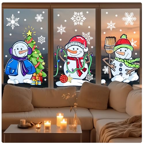 JarThenaAMCS Extra große Weihnachts-Fensteraufkleber, Cartoon-Schneemann, Schneeflocke, doppelseitig, Glasaufkleber für Winter, Weihnachten, Zuhause, Klassenzimmer, Büro, Party-Dekoration von JarThenaAMCS