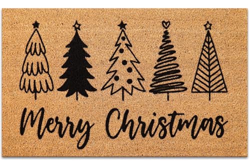 JarThenaAMCS Fußmatte mit Aufschrift "Merry Christmas", natürliche Kokosfaser, Bauernhaus, Weihnachtsbaum, Willkommens-Bodenmatte, rutschfester Eingangstür-Teppich für drinnen und draußen, Zuhause von JarThenaAMCS