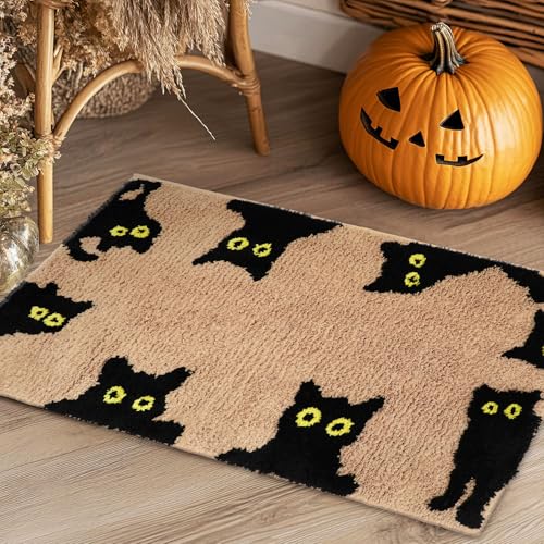 JarThenaAMCS Halloween-Badezimmerteppich, braun-schwarze Katze, getuftet, Badematte, saugfähig, rutschfest, rechteckig, Duschvorleger, Haustürmatte für Zuhause, 50 x 80 cm von JarThenaAMCS