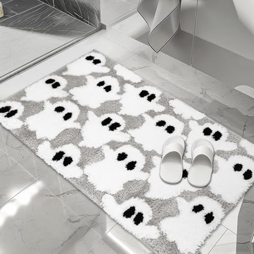 JarThenaAMCS Halloween-Badezimmerteppich, grau-weiß, Geister-Design, getuftet, saugfähig, rutschfest, rechteckig, Duschvorleger, Haustürmatte für Zuhause, 50 x 80 cm von JarThenaAMCS