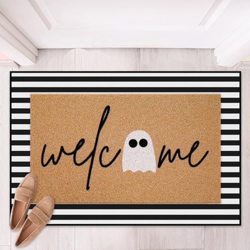 JarThenaAMCS Halloween-Fußmatten-Kombi-Set, 41,9 x 73,7 cm, niedlicher Geister-, Kokosfaser-Willkommens-Fußmatte mit 59,9 x 89,9 cm, schwarz-weiß gestreift, Teppich für drinnen und draußen JarThenaAMCS Halloween-Fußmatten-Kombi-Set, 41,9 x 73,7 cm, niedlicher Geister-, Kokosfaser-Willkommens-Fußmatte mit 59,9 x 89,9 cm, schwarz-weiß gestreift, Teppich für drinnen und draußen von JarThenaAMCS