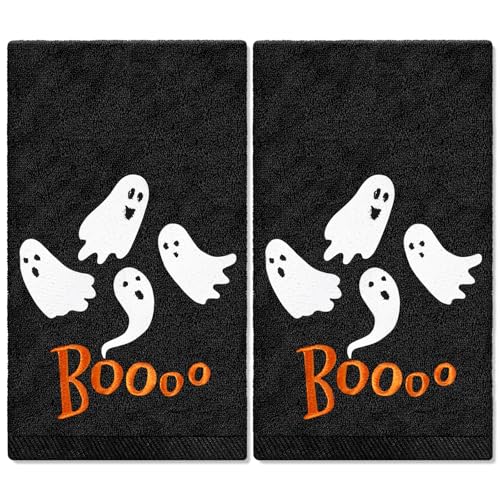 JarThenaAMCS Halloween-Handtücher, Boo Geist-Motiv, bestickt, Baumwolle, Badetuch, saugfähig, Badetuch zum Händetrocknen, Reinigen, Kochen, 75 x 34 cm, 2 Stück von JarThenaAMCS