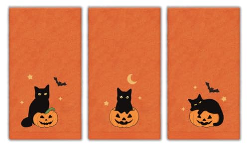 JarThenaAMCS Halloween-Handtücher, schwarze Katze, Kürbis, Baumwolle, bestickt, Badetuch, Orange, saugfähiges Badetuch zum Händetrocknen, Reinigen, Kochen, 75 x 34 cm, 3 Stück von JarThenaAMCS