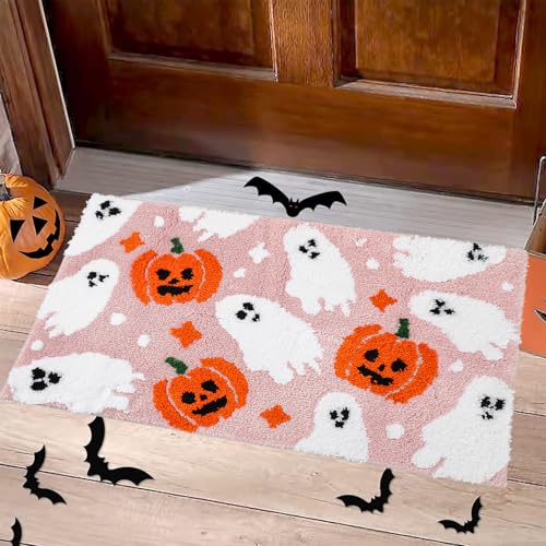 JarThenaAMCS Halloween-Teppich, Geister-Kürbis-Badematte, rutschfeste Fußmatte, Rosa, Orange, Weiß, Vordermatte für gruselige Halloween-Heimdekoration JarThenaAMCS Halloween-Teppich, Geister-Kürbis-Badematte, rutschfeste Fußmatte, Rosa, Orange, Weiß, Vordermatte für gruselige Halloween-Heimdekoration von JarThenaAMCS