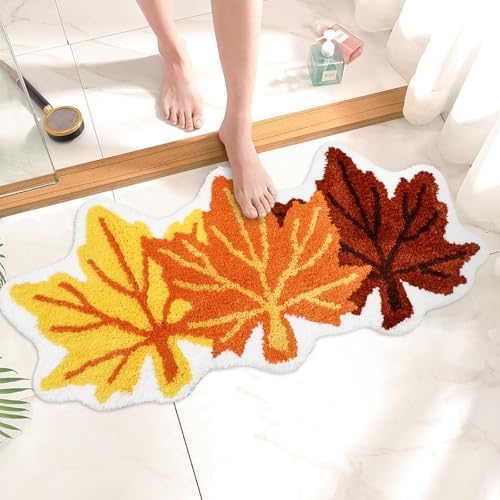 JarThenaAMCS Herbst-Badezimmerteppich, orangefarbene Ahornblätter, getuftete Badematte, saugfähig, rutschfest, Duschvorleger, Haustürmatte, für Herbst, Bauernhaus, Zuhause, Zimmer, 50 x 80 cm von JarThenaAMCS