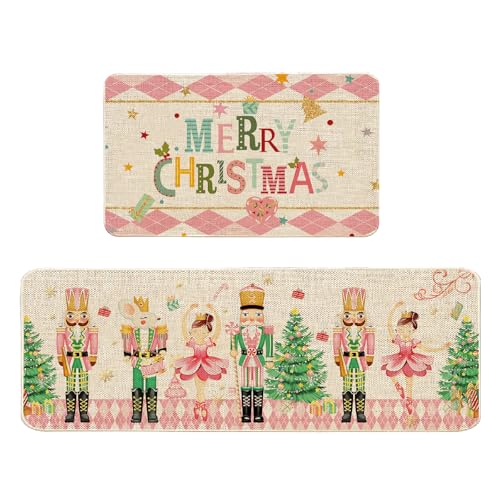 JarThenaAMCS Merry Christmas Küchenmatten, Set mit 2 rosa grünen Nussknackern, Weihnachtsbaum, Küche, Bodenmatte, rutschfest, Cartoon, dekorative Badezimmerteppiche, 43,2 x 73,2 cm und 43,2 x 119,2 cm von JarThenaAMCS