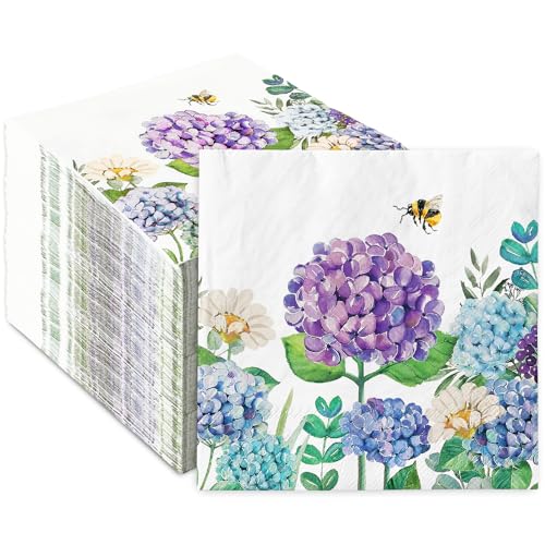 JarThenaAMCS Papierservietten in Hortensienform, blau, lila, mit Blumenmotiv, Aquarell-Blume, Dessert, Abendessen, Handserviette für Frühling, Sommer, Hochzeit, Brautparty, Geburtstag, Partyzubehör, von JarThenaAMCS