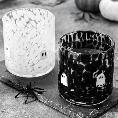 JarThenaAMCS Saftglas mit Halloween-Ikonen-Motiv, 400 ml, schwarz-weiß, Geister-Weinglas, ohne Stiel, Cocktail-Trinkbecher für Zuhause, Party, Gastgeschenke, 2 Stück von JarThenaAMCS
