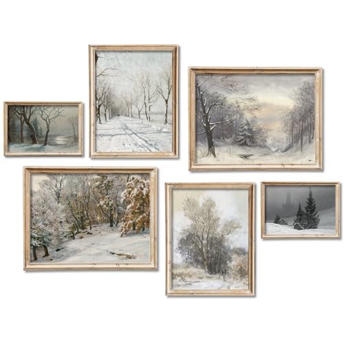 JarThenaAMCS Set von 6 Winter-Wandkunstdrucken, französische Landschaft, Ölgemälde, Poster, rustikale Schnee, Kiefern, Bilder, Weihnachtszimmer-Dekor für Galeriewand, Heim, nordische Dekoration (kein von JarThenaAMCS