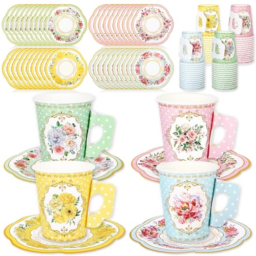 JarThenaAMCS Teeparty-Dekorationen, 60 x 266 ml, rosa, gelb, blau, grün, Blumenmuster, Papp-Teetassen mit Griff und 60 Teller à 14 cm, für Frühlingstee, Party-Geschirr, für 60 Stück JarThenaAMCS Teeparty-Dekorationen, 60 x 266 ml, rosa, gelb, blau, grün, Blumenmuster, Papp-Teetassen mit Griff und 60 Teller à 14 cm, für Frühlingstee, Party-Geschirr, für 60 Stück von JarThenaAMCS