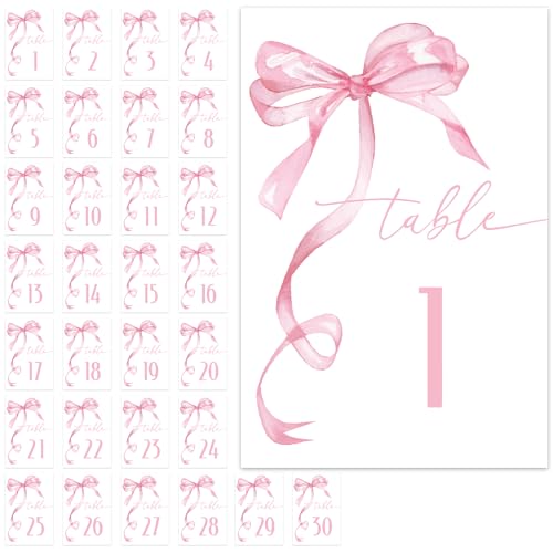 JarThenaAMCS Tischnummern mit pinker Schleife, 30 Stück, Kokette, Schleife, Sitzschilder, Aquarell-Fliege, Tischschilder für Hochzeit, Geburtstag, Party, Empfang JarThenaAMCS Tischnummern mit pinker Schleife, 30 Stück, Kokette, Schleife, Sitzschilder, Aquarell-Fliege, Tischschilder für Hochzeit, Geburtstag, Party, Empfang von JarThenaAMCS