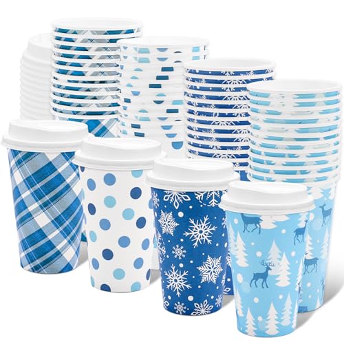 JarThenaAMCS Weihnachtliche Einweg-Kaffeetassen mit Deckel, 473 ml, weihnachtliche blaue Pappbecher, kariert, gepunktet, Rentier, Schneeflocke, To Go, Kaffeetasse für Winterparty, Café, heiße und von JarThenaAMCS