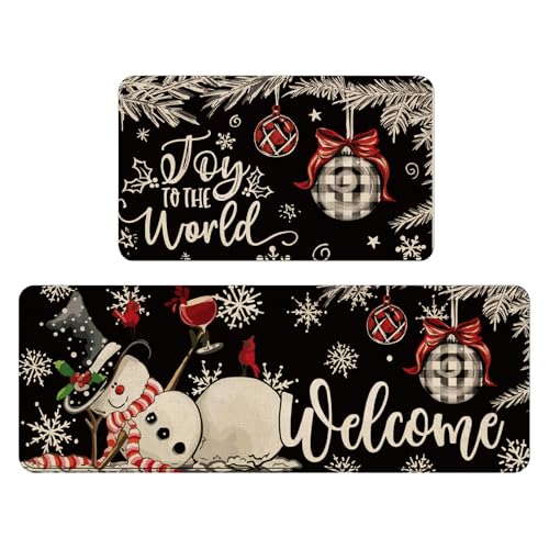 JarThenaAMCS Weihnachtliche Küchenmatten, Schwarz/Rot, Weihnachtsball, Schneemann, Schneeflocke, Willkommens-Bodenmatte, rutschfeste Türteppiche für Winter, Innen- und Außenbereich, Badezimmer, 43,2 x von JarThenaAMCS