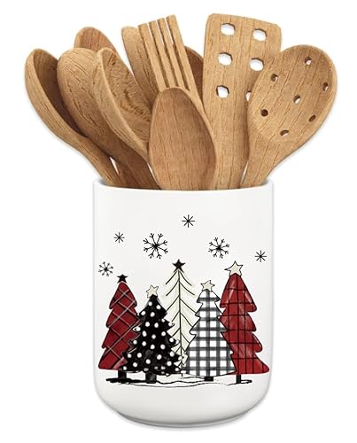 JarThenaAMCS Weihnachtlicher Keramik-Utensilienhalter, rot, schwarz, weiß, kariert, für den Winter, Zuhause, Küche, Arbeitsplatte, Aufbewahrungsbehälter von JarThenaAMCS