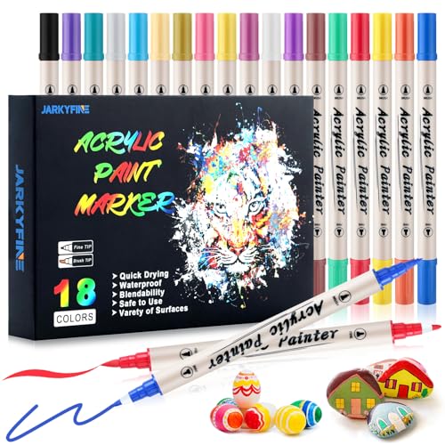 Jarkyfine Acrylstifte für Steine Wasserfest 18 Farben Acrylstifte für Steine Bemalen Multimarker Zum Bemalen Acrylmarker Stifte für Holz Steine Leinwand Glas Papier Keramik von Jarkyfine