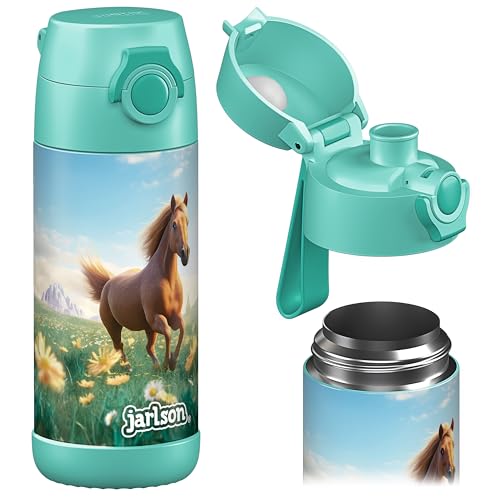 JARLSON® Trinkflasche Kinder "MALI" - Thermo Edelstahl Wasserflasche - BPA frei - auslaufsicher - Kinderflasche mit Chug Deckel- Flasche für Schule, Kindergarten - Pferd 2.0, 350 ml von Jarlson