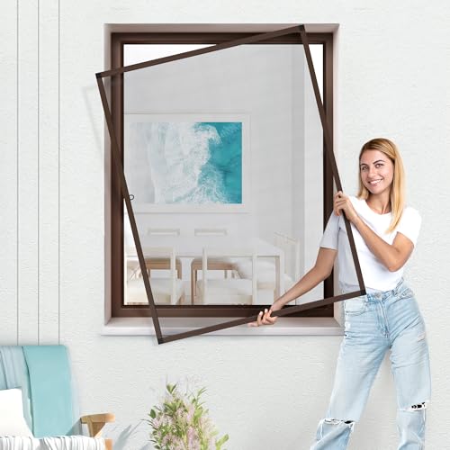 jarolift Fliegengitter für Fenster SlimLine Insektenschutz ohne Bohren, mit Alurahmen Spannrahmen, Mückenschutz Mückengitter, 100 x 150 cm, Braun von jarolift