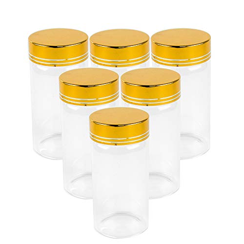 Jarvials Cute Small Gold Aluminum Cover Glass Bottle, Glass Vials,Glass Jars, Mini Clear Wishing Message Glass Bottles Vials.(6pcs-47x90mm-100ml) von Jarvials