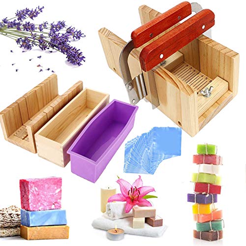 JasCherry 4 Stück Pinie Holz Verstellbar Seifen Silikonform Spree Set - Handgefertigt Holz DIY Seifenschneider Werkzeug Kit Einstellbare Box + 2 Edelstahl Schnittmesser + 100 Seifensäcke #2 JasCherry 4 Stück Pinie Holz Verstellbar Seifen Silikonform Spree Set - Handgefertigt Holz DIY Seifenschneider Werkzeug Kit Einstellbare Box + 2 Edelstahl Schnittmesser + 100 Seifensäcke #2 von JasCherry