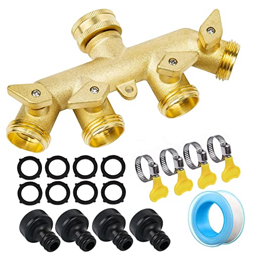 JasCherry 4 Wege-Verteiler aus Messing 3/4 Zoll für Wasserhähne - mit 4 Unabhängig EIN-Aus-Ventile - Garten Schlauch Wasserhahn Verbinder Set mit 1 Wasserband & 4 Gummi-Unterlegscheiben, 2 Schnallen von JasCherry