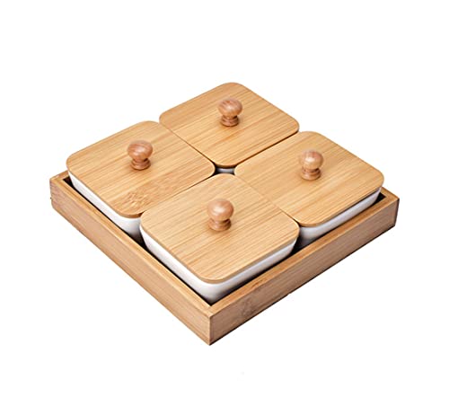 JasCherry Snackschalen Dipschalen mit hölzern Deckeln und Tablett, Keramik-Snack-Serviertablett, Schälchen Set auf hölzern Tablett- Ideal für Soße, Dips, Gewürze, Kräuter, Snacks, Salz, Pfeffer von JasCherry