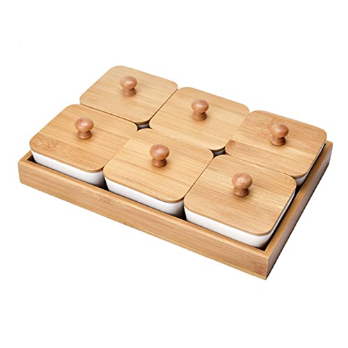 JasCherry Snackschalen Dipschalen mit hölzern Deckeln und Tablett, Keramik-Snack-Serviertablett, Schälchen Set auf hölzern Tablett- Ideal für Soße, Dips, Gewürze, Kräuter, Snacks, Salz, Pfeffer von JasCherry