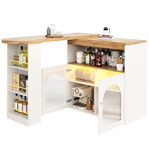 Jasfyee Ausziehbarer Bartisch mit LED-Licht, drehbarer Esstisch mit Regal & Stauraum, klappbarer Hochtisch modern für Küche & Wohnzimmer, platzsparend & höhenverstellbar von Jasfyee