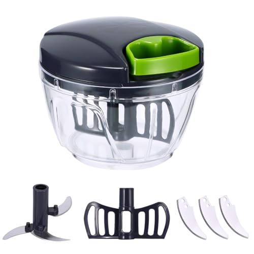 Manueller Zerkleinerer aus ABS mit 3 Klingen aus Edelstahl, 400 ml Mini-Zerkleinerer mit Gehäuse aus PC, Zwiebelschneider für Zwiebelsalat, Pesto Petersilie, Walnüsse, Würstchen, Alim von Jasfyee