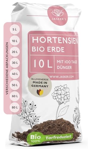 Bio Hortensienerde 10 L - Blumenerde für Hortensien aus 40% weniger Torf - Pflanzerde für weiße & rosafarbige Hortensien - Erde für Hortensien mit Dünger - Erde für Pflanzen von JASKER'S