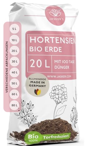 Bio Hortensienerde 20 L - Blumenerde für Hortensien aus 40% weniger Torf - Pflanzerde für weiße & rosafarbige Hortensien - Erde für Hortensien mit Dünger - Erde für Pflanzen von JASKER'S