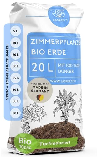 Bio Blumenerde Zimmerpflanzen Erde 20 L - Um 45% torfreduzierte Pflanzenerde mit Dünger - Erde für Pflanzen - Zimmerpflanzenerde - Erde Zimmerpflanzen - Grünpflanzenerde - Universalerde von JASKER'S