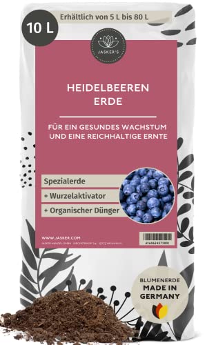 Bio Saure Erde für Heidelbeeren & Blaubeeren 10 L - Beeren-Erde mit 100 Tage NPK Dünger für kräftige Pflanzen - Luftig lockere Pflanzenerde für Beeren - Obst-Erde - Rhododendron-Erde von JASKER'S