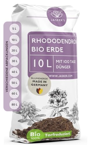 Bio Rhododendronerde 10 L - Saure Erde mit 20% weniger Torf für Moorbeetpflanzen - Erde für Pflanzen mit Dünger - Saure Blumenerde - Pflanzenerde mit saurem PH-Wert von JASKER'S