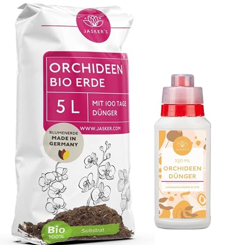 Orchideenerde 5 L + 250 ML Orchideendünger - Orchideensubstrat aus 100% natürlichen Rohstoffen - Blumenerde für Orchideen - Luftig & Lockere Erde für Pflanzen mit Dünger - Orchideen Erde von JASKER'S