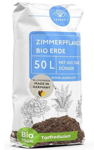 Bio Blumenerde Zimmerpflanzen Erde 50 L - Um 45% torfreduzierte Pflanzenerde mit Dünger - Erde für Pflanzen - Zimmerpflanzenerde - Erde Zimmerpflanzen - Grünpflanzenerde - Universalerde von JASKER'S