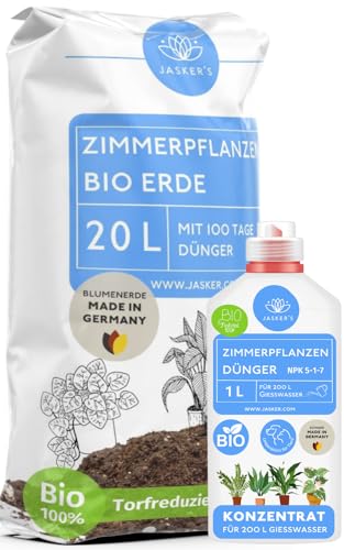 Blumenerde Zimmerpflanzen-Erde 20 L + 1 L Dünger-Zimmerpflanzen - 100% natürliche Rohstoffe - Für Blüh- & Grünpflanzen - Pflanzendünger Zimmerpflanzen - Lockere Erde für Pflanzen mit Dünger von JASKER'S