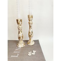 Kerzenständer | Ein Paar Elfenbeinfarbene Mit Blattgold-Detail Wohnaccessoires Homeware Rustikale Einzigartige Gold Handgefertigte von JasmineAliceHome