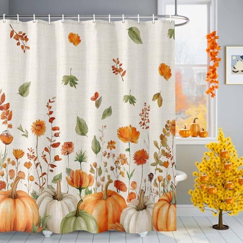 JasmineM Duschvorhang-Set aus Stoff, Herbstgrün, Orange, Kürbis, Erntedankfest, Herbst-Wildblumen, lustige Duschvorhänge für Badezimmer mit Haken, waschbar, wasserdicht, Baddekor-Zubehör, 183 x 183 cm JasmineM Duschvorhang-Set aus Stoff, Herbstgrün, Orange, Kürbis, Erntedankfest, Herbst-Wildblumen, lustige Duschvorhänge für Badezimmer mit Haken, waschbar, wasserdicht, Baddekor-Zubehör, 183 x 183 cm von JasmineM