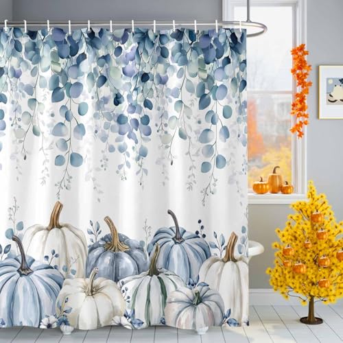JasmineM Duschvorhang-Set aus Stoff, Motiv: Herbstblau-weißer Kürbis, Thanksgiving-Eukalyptusblätter, lustige Duschvorhänge für Badezimmer mit Haken, waschbar, wasserdicht, Baddekor-Zubehör, 183 x 183 JasmineM Duschvorhang-Set aus Stoff, Motiv: Herbstblau-weißer Kürbis, Thanksgiving-Eukalyptusblätter, lustige Duschvorhänge für Badezimmer mit Haken, waschbar, wasserdicht, Baddekor-Zubehör, 183 x 183 von JasmineM