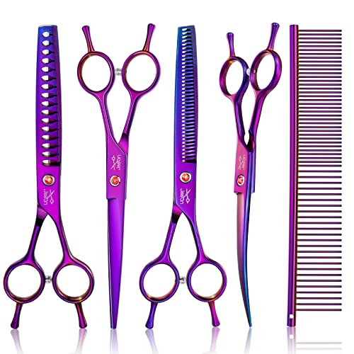 JASON Profi 7,5" Hundeschere Set 6 in 1 Fellschere Set für Hunde - gerade gebogene Hundeschere 16/36 Zähne Effilierschere für Hunde mit ergonomischem Griff für Haustier Fellpflege von JASON