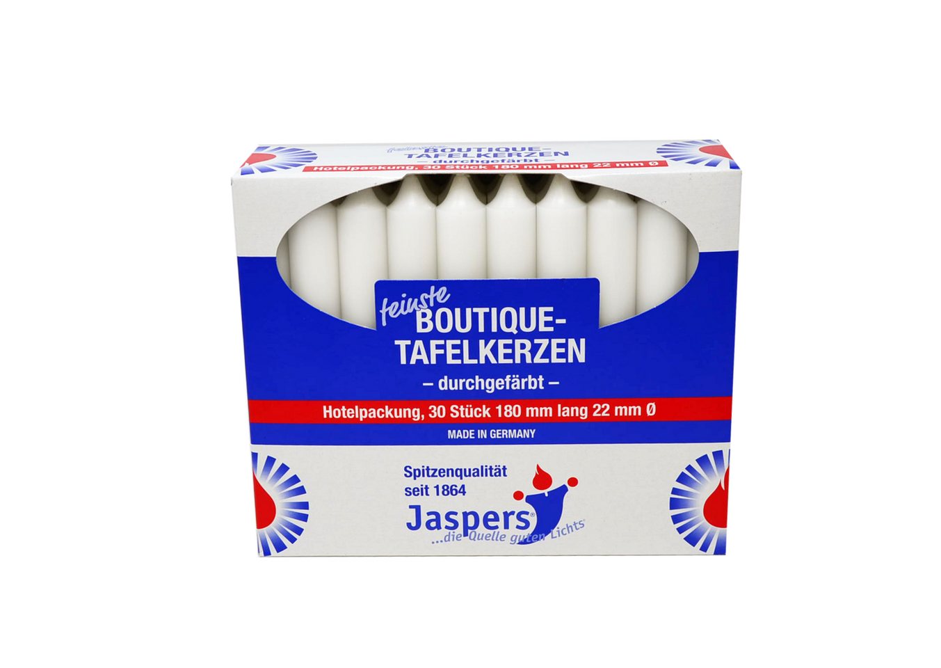 Jaspers Kerzen Tafelkerze Boutique-Kerzen Hotelpackung weiß 30er Pack durchgefärbt von Jaspers Kerzen