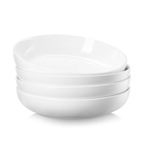 25cm Pastateller 4er Set, 1400ml große Porzellan Keramik Nudelteller, Pastaschale für Müsli Suppe Steak Nudel Breite Küche Geschirr Teller - Mikrowelle Ofen Geschirrspüler Sicher 9,84" Groß Tief Weiß von Jassceram